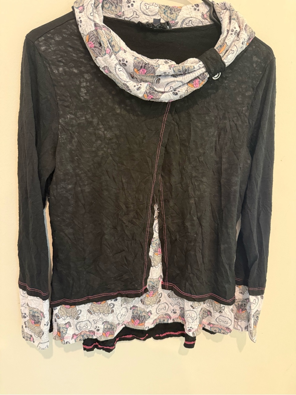 Black Long-Sleeve Layered Top with Dog Pribt Trim and Cowl Neck